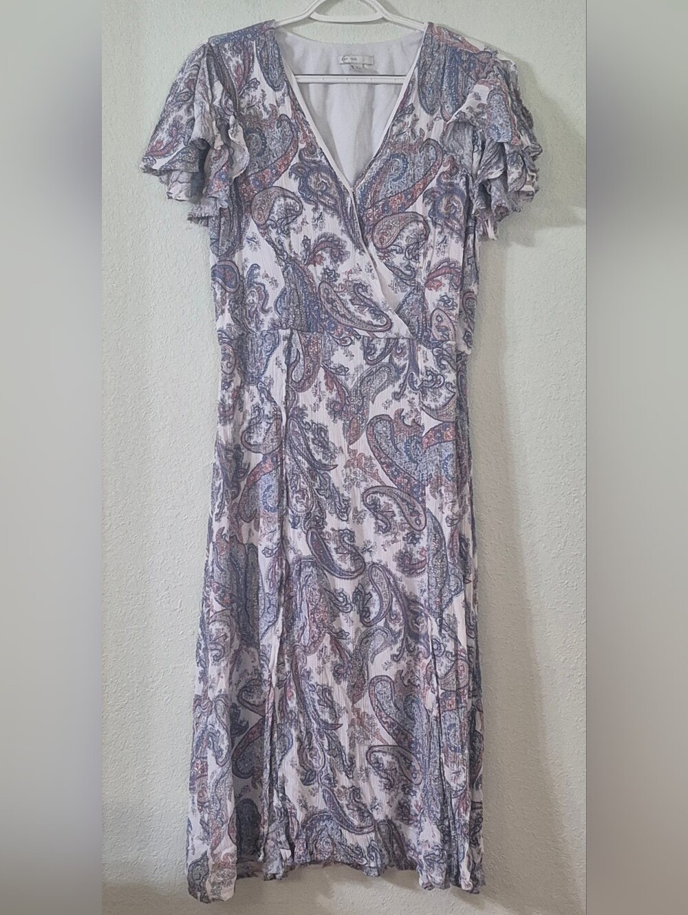 Paisley V-Neck Midi Wrap Dress with Ruffle Sleeves - Light Multi